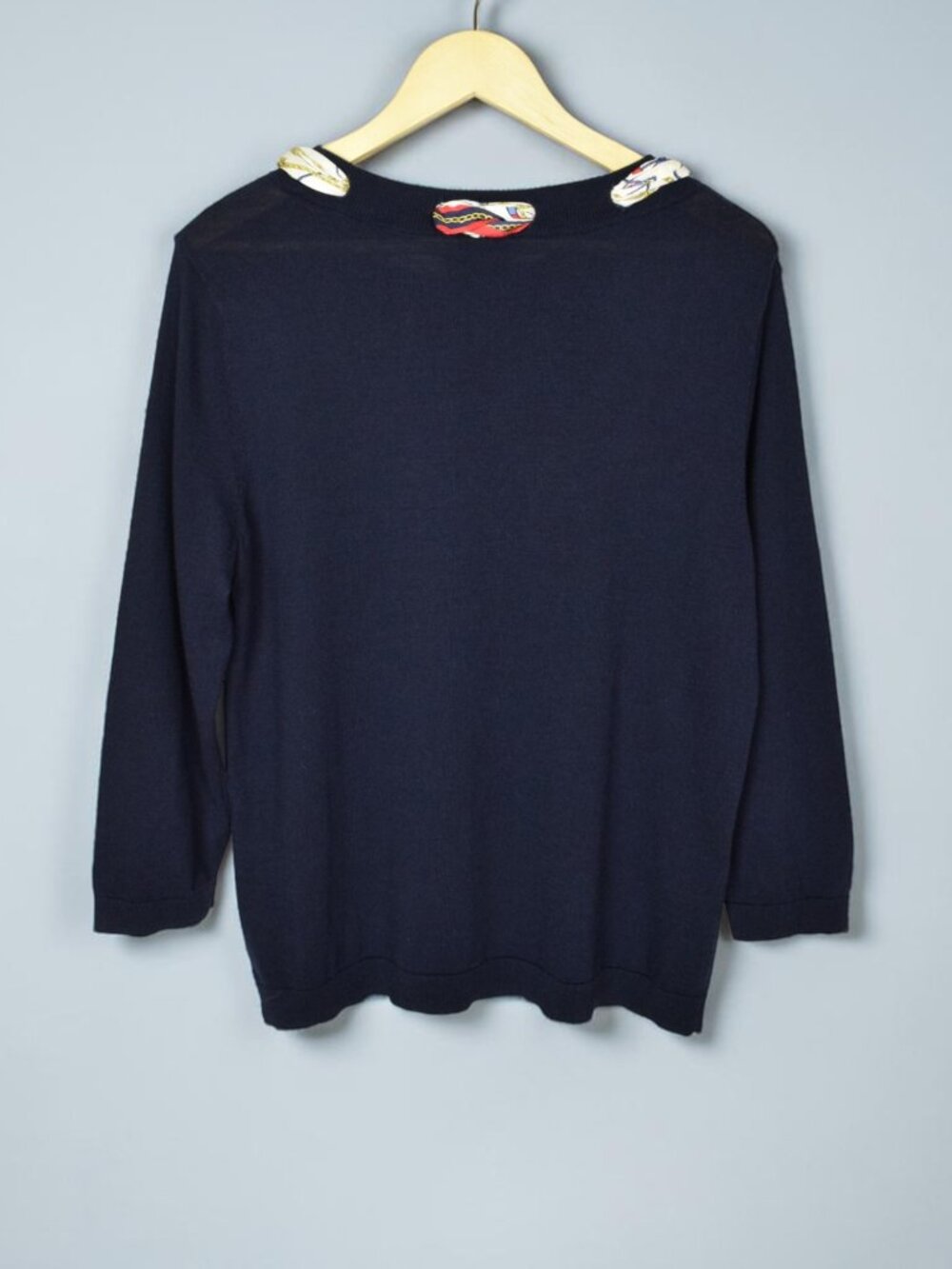 TALBOTS SILK SCARF NAVY BLUE CREW NECK SWEATER - Picture 8 of 10